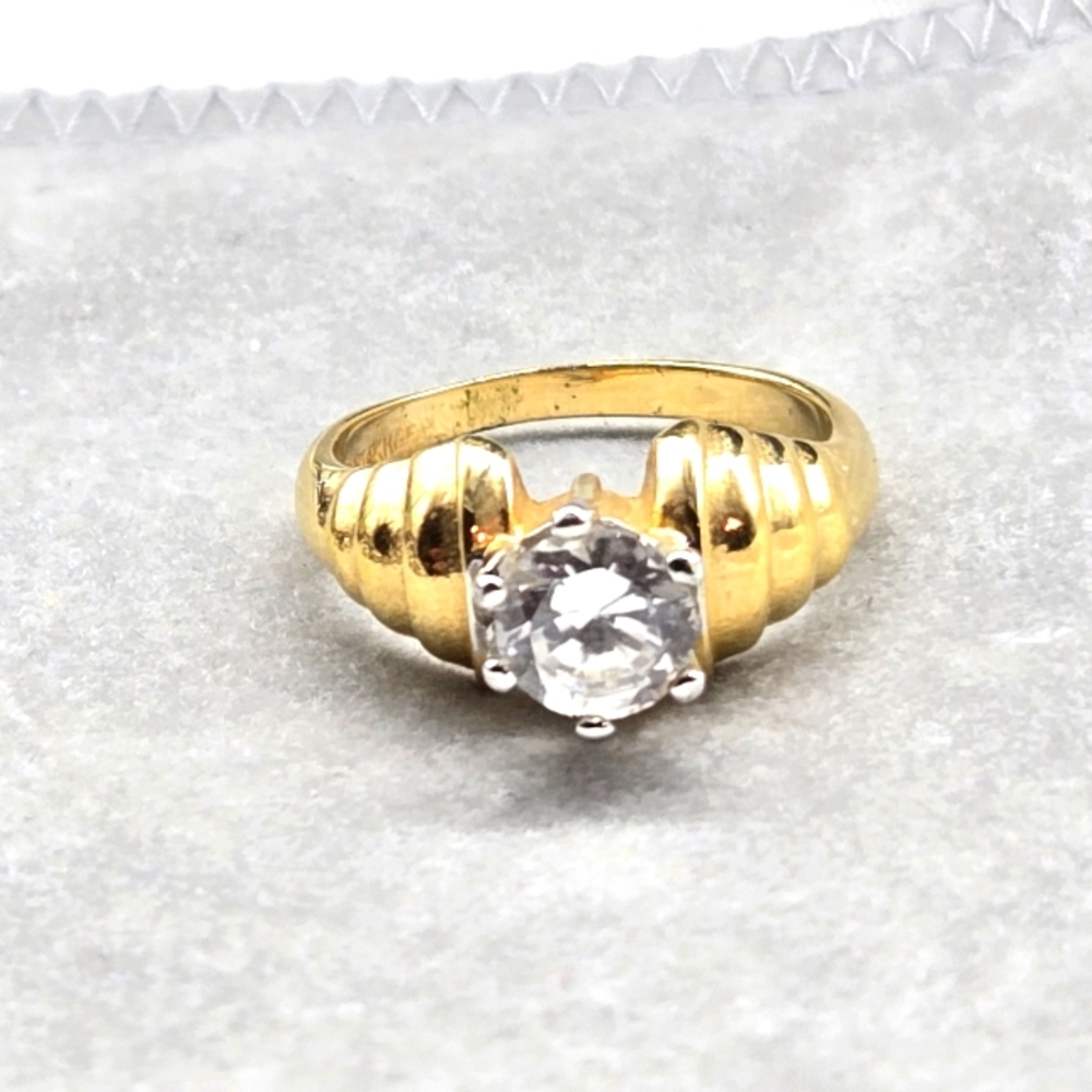 Vintage Lind Ladies Ring 14kt HGE Gold Plated White Faceted Stone Size 7 Prongs
